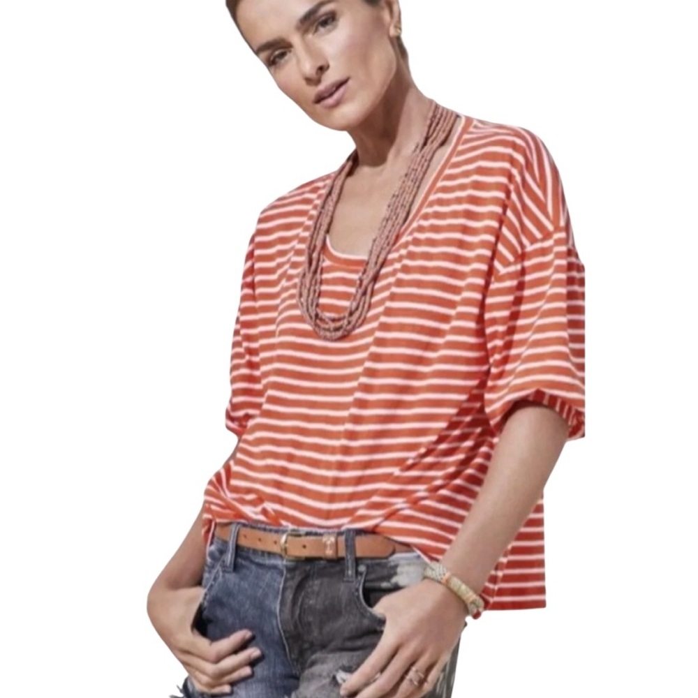 CAbi “Poolside” Striped Tee Short Puff Sleeves (G)